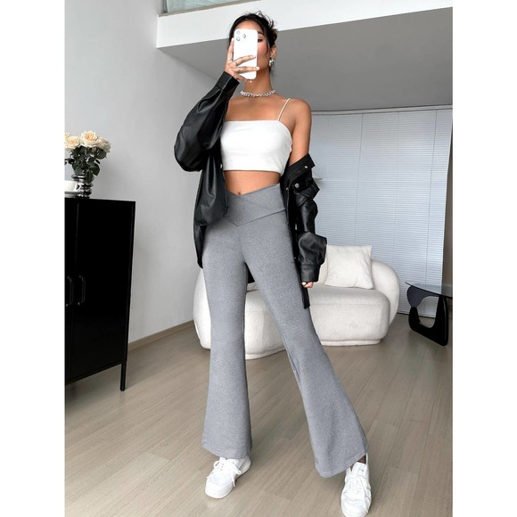 y2k trendy Overlap Waist v Flare Leg Pants - Picture 10 of 11